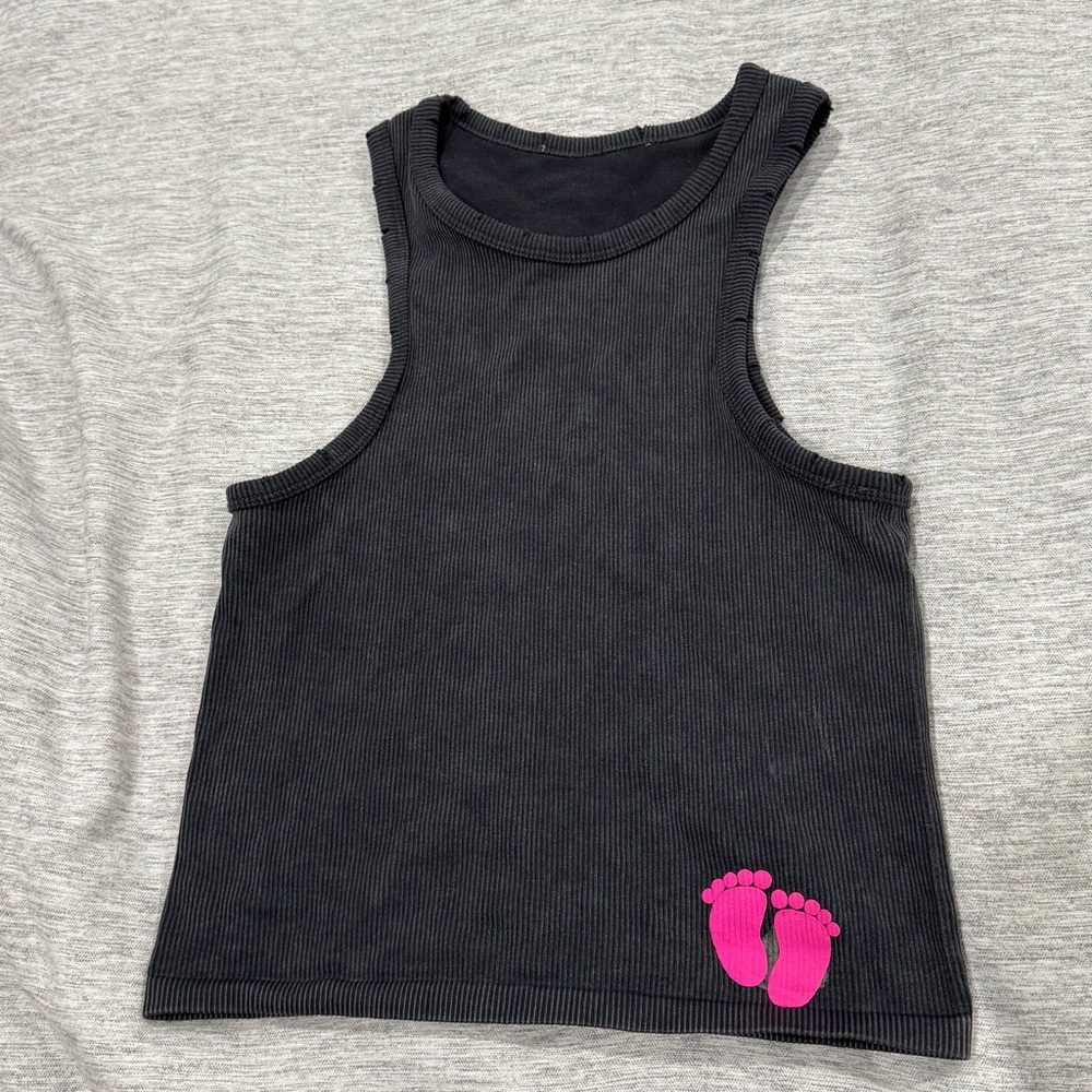 MAP Distressed Black Sleeveless Crop Top with Pink Footprint Design